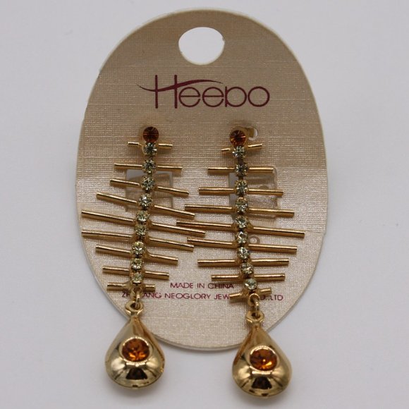 Heebo Unique Gold Tone and Crystal Dangle Earrings New on Card - Picture 1 of 3